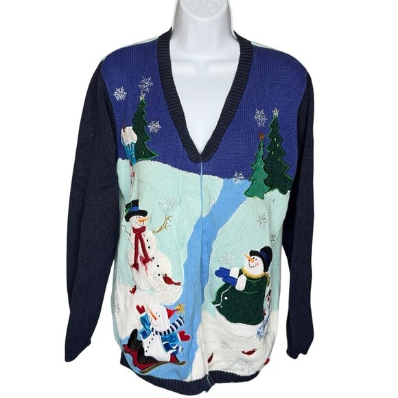 Quacker Factory Cardigan Sweater Snowman Christmas Tree Holiday Winter Theme Lg - Picture 2 of 16